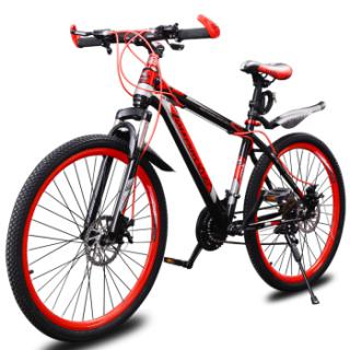 森林狼山地车 高碳钢21速26寸 学生男女单车山地自行车男双碟刹 新款变速自行车男 26寸-黑红 21速-标配-高碳钢
